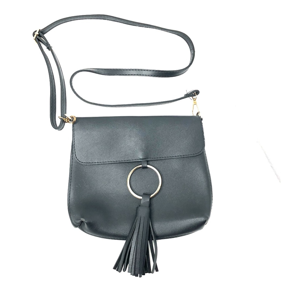 Black Crossbody Purse with Silver Ring and Tassel